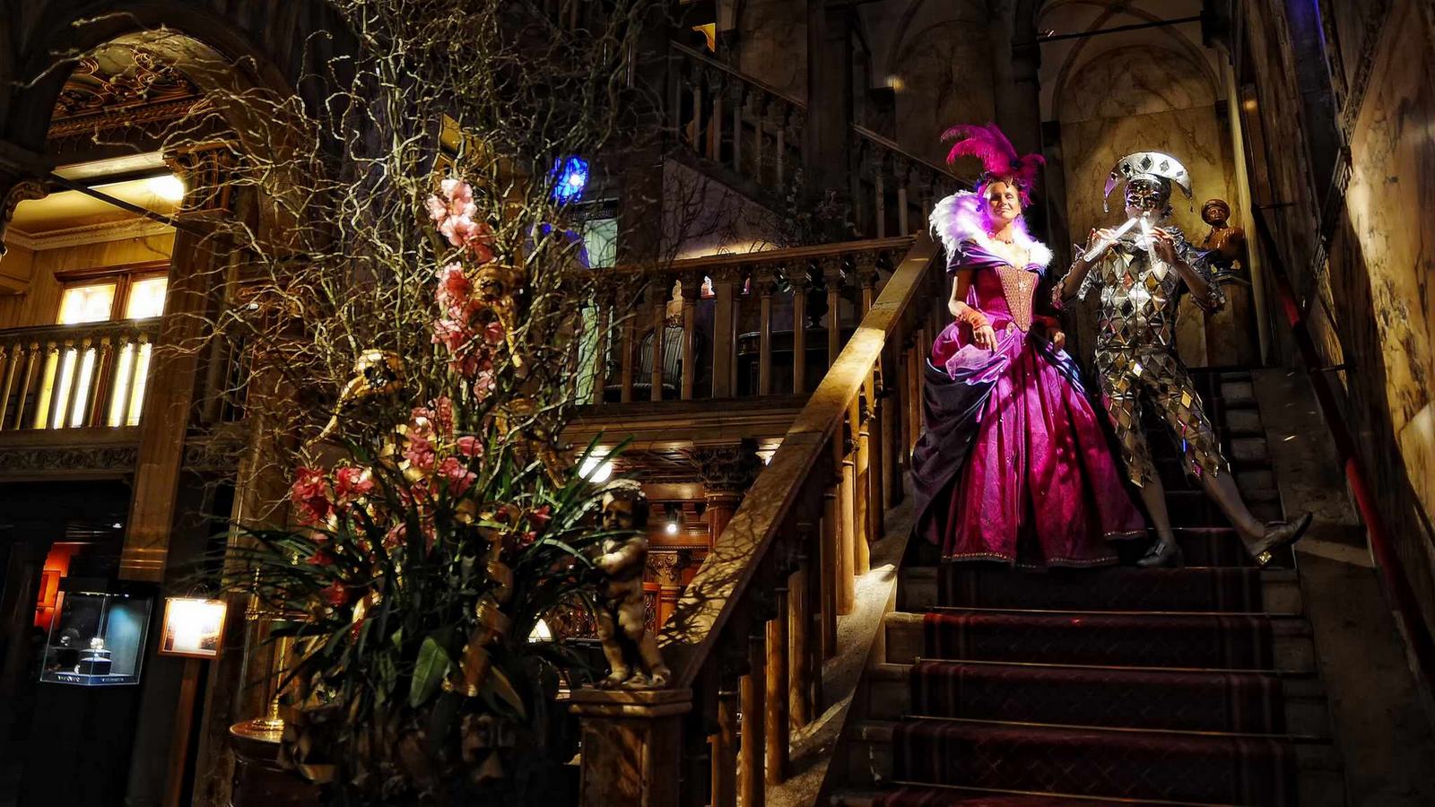 Carnival costumes on the staircase of Hotel Danieli
